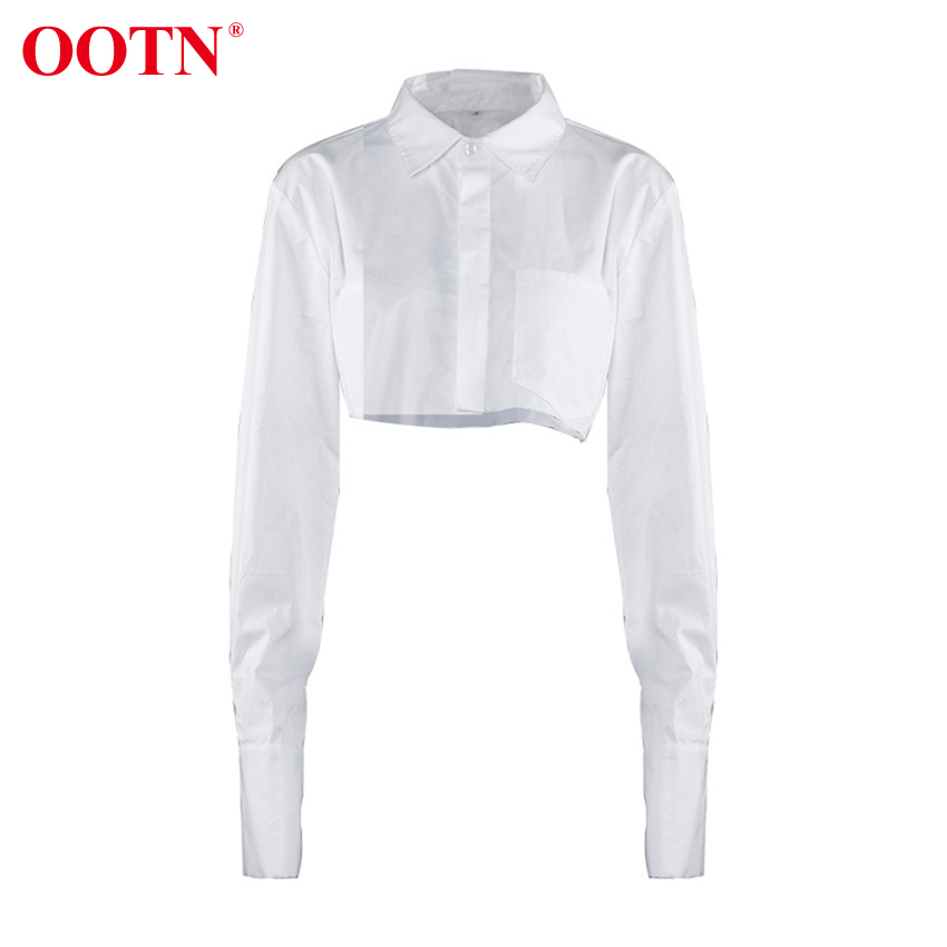 OOTN White Sexy Crop Top Long Sleeve Women Blouse Shirt Cotton Solid Asymmetrical Hem Casual Top Female Blouse Button Bown 210302 - view 6