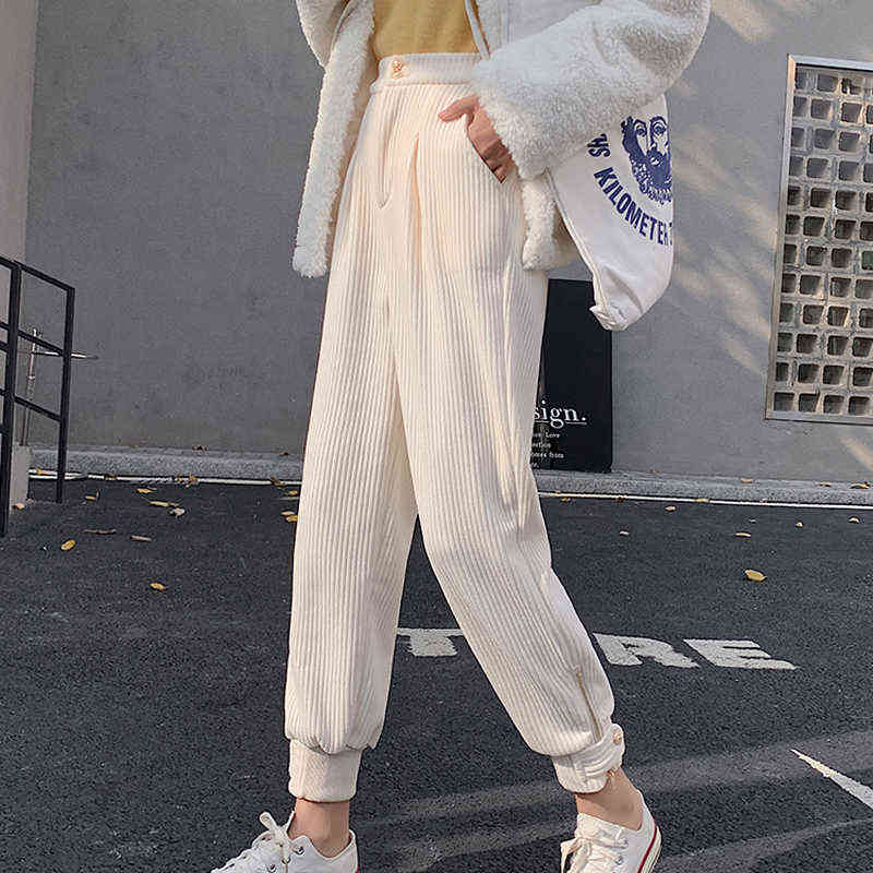 JMPRS Winter Corduroy Pants Women Thick Warm Plus Size Fashion Zipper Elastic High Waist Pencil Pant Causal Loose Baggy Trousers 211115