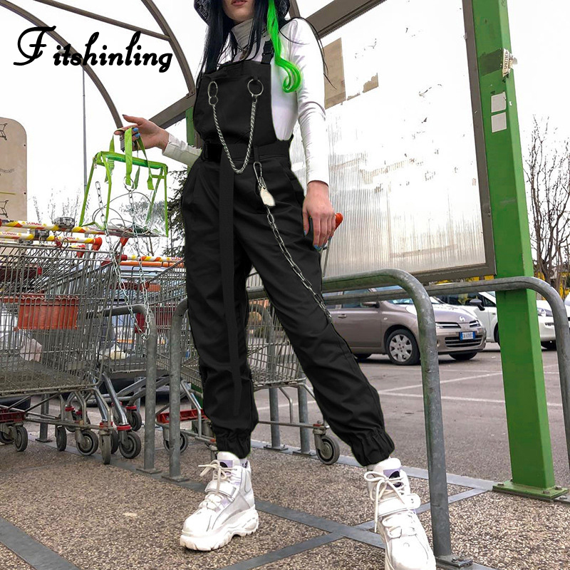 Fitshinling Fluorescence neon green jumpsuits women summer chain cargo playsuit fashion slim cotton buckle long jumpsuit female Y200904