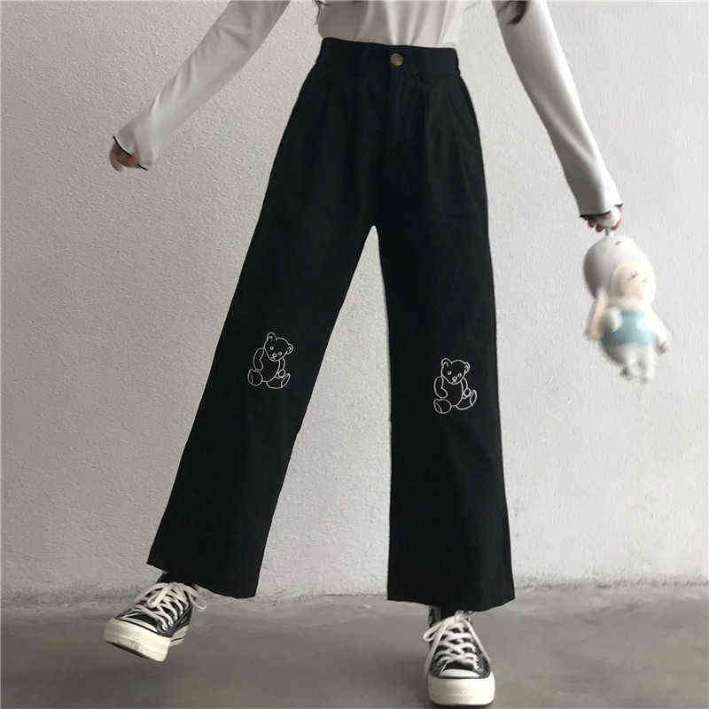 Japanese Kawaii Women Harajuku Korean Teen Girls Loose Thin Bear Embroidery Pants Wild Casual Female Cute Small Fresh Pant 211115