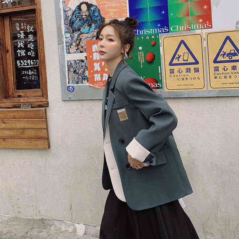 [EWQ] Autumn Female Office Lady Notched Collar Long-sleeved Single Breasted Patchwork Green Minimalist Blazer Coat 8P088 211122