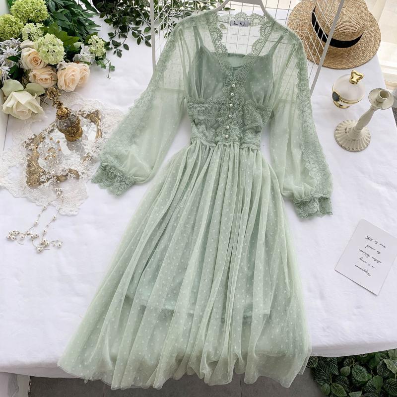 Women Mesh Lace Crochet Dresses Vneck Elegant Prom Puff Sleeves Dress Women Sexy Slim Swing Long Dress 210303