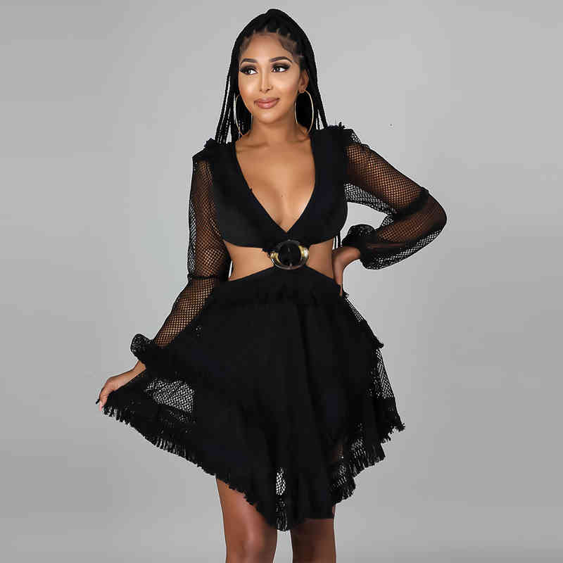 Womens Long Sleeve V-neck Fashion Waist And Back Lace Solid Color Sexy Perspective Dress, Black;gray
Womens Long Sleeve V-neck Fashion Waist And Back Lace Solid Color Sexy Perspective Dress, Black;gray