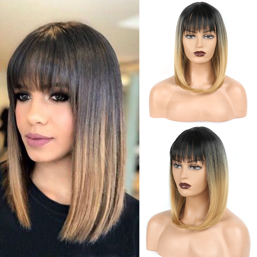New Fashion trend Short Striaght BOB Ombre Blond Synthetic wig with Qi Bangs women's Hair wigs for life Cosplay