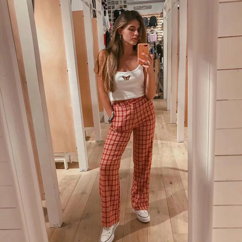 Women 90s Vintage Retro Plaid Tilden Pants Harajuku Fashion Straight Pant Women Trousers Streetwear BM Girls Checkered Sweatpant 201012