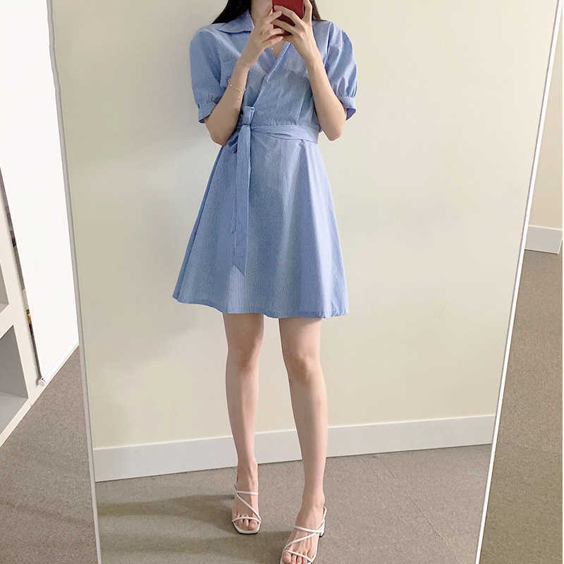 Striped Blouse Dresses Bow Tie Slim Waist Elegant Vestidos Summer Puff Sleeve Turn-down Collar Woman Dress 6H726 210603