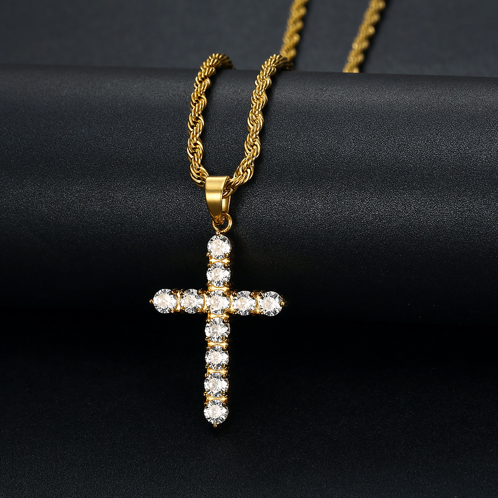 Hip Hop Stainless Steel Charm Cross Pendant Necklace Bling White Zircon 18K Gold Plated Religious Jewelry Men Women Gift