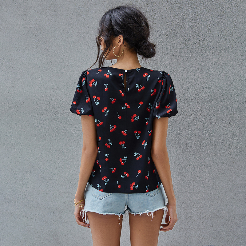 Cute Cherry Print Puffy Sleeve Top T Shirts for Women Kawaii Solid Black O Neck Short Sleeve Cherry Tshirt Plus Size 210302