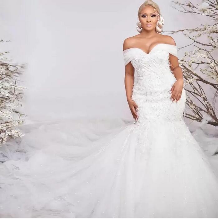 Feather Mermaid Wedding Dresses Off the Shoulder Pearls And Crystal Bridal Gown White Tulle Bottom Vestido De Novia