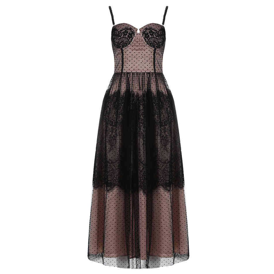 Summer Ladies Long Dress Celebrity Party Sexy Tight Skirt Spaghetti Lace Polka Dot 210525