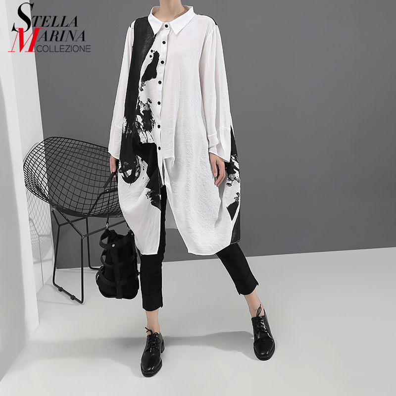 Korean Style Woman Long Sleeve White Print Shirt Dress Painting Plus Size Straight Lady Casual Midi Dress Loose Robe Femme 5459 210309