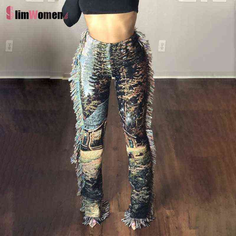 Vintage Side Tassels Patchwork Striped Print Jogger Pant Women Rave Festival Clothing Casual Streetwear Bodycon Sweat Pants 211124