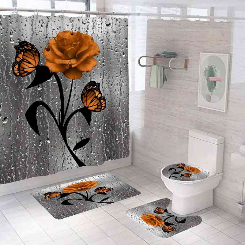 4 pcs Rose Print 3D Shower Curtain Waterproof Polyester Bathroom Curtain Antislip Bath Mats Set Toilet Rugs Carpet Home Decor 2119092723