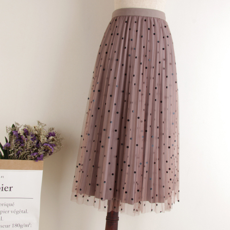 TIGENA Reversible Tulle Velvet Skirt Women Fashion Spring Elegant Polka Dot Long Skirt Female High Waist Pleated Midi Skirt 210306