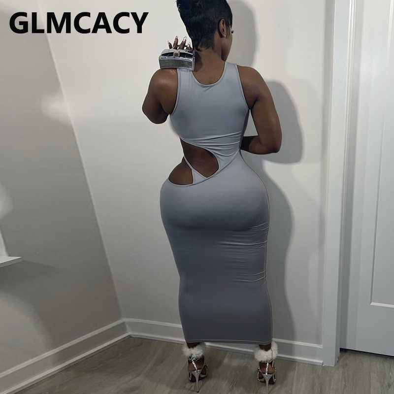 Sleeveless Cut Out Bodycon Maxi Dress Casual Solid Party Club Long Dresses 210702