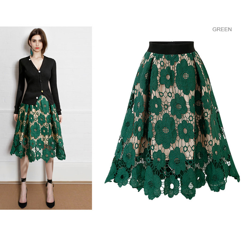 Good Quality Summer High Elastic Waist Lace Skirt Women Vintage Floral Crochet Hollow Out Ball Gown ALine Midcalf Skirt 210306