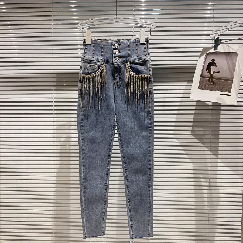 Spring Arrivals Solid Color High Waist Tassel Chain Drill Bead Decoration Fashion Women Pencil Pants MZ284 210525, Blue
Spring Arrivals Solid Color High Waist Tassel Chain Drill Bead Decoration Fashion Women Pencil Pants MZ284 210525, Blue