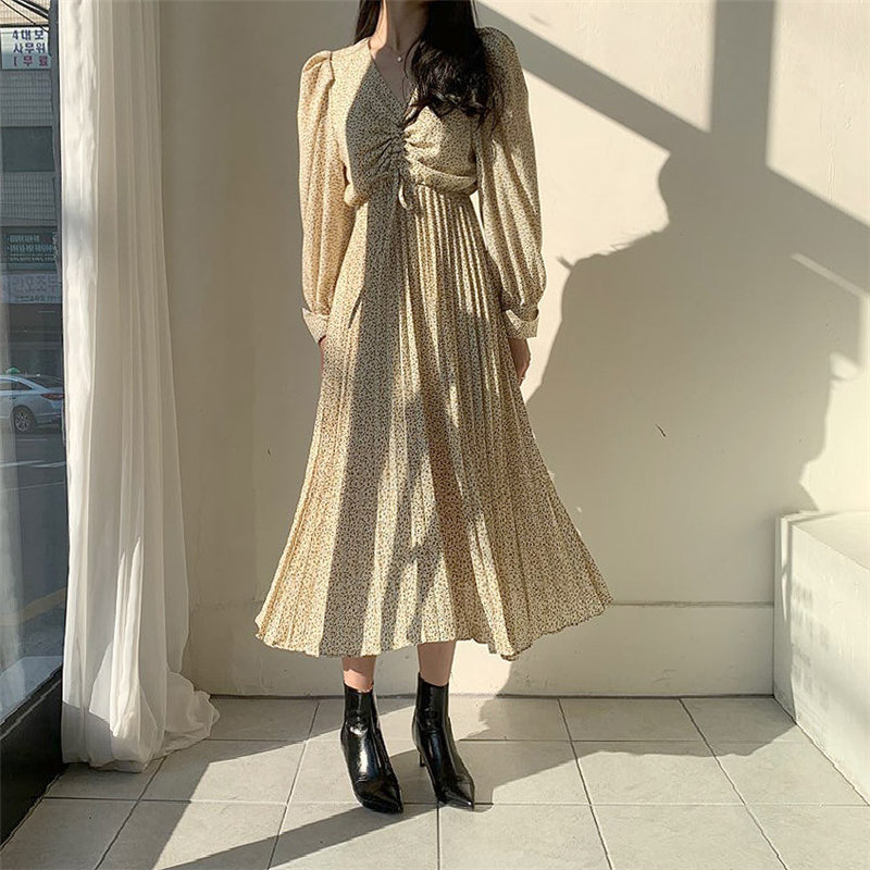 Alien Kitty Print Floral Pleated Slimming Women Dresses All-Match Hot Stylish V-Neck Brief Casual Loose Long Dress 3 Colors 210309