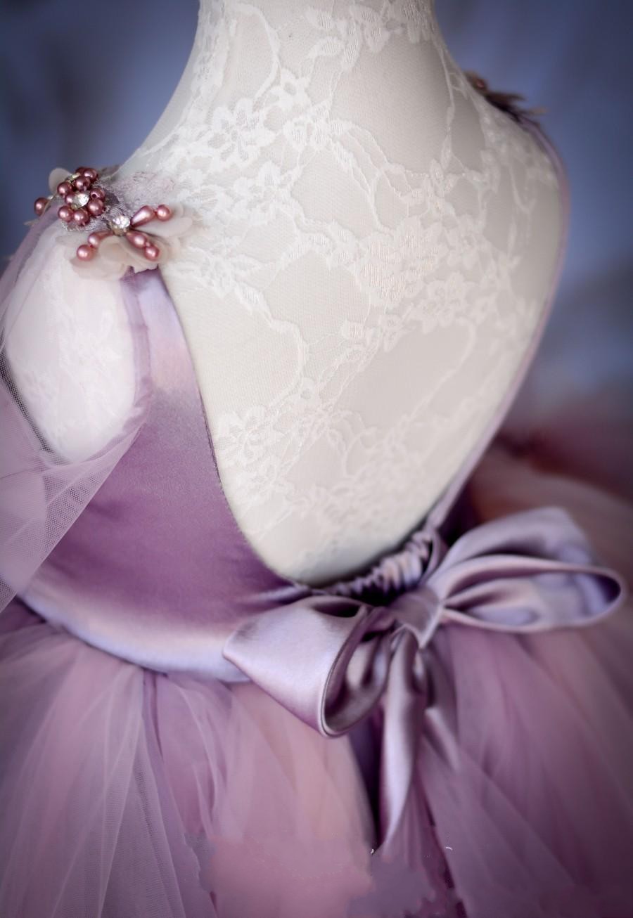 New Hot Cute Lilac Ball Gown Flower Girls Long Sleeves Crystal Tulle Ruffles Tiered For Children Kids Birthday Party Dresses