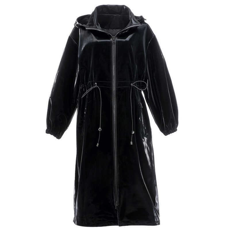 Nerazzurri Long black warm oversized shiny patent leather trench coat for women long sleeve Zip up fall fashion Windbreaker 210909