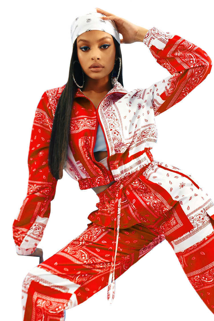 Paisley Bandana Print Two 2 Piece Set Women Fitness Sweatsuit Zipper Up Sweatshirt + Jogger Pants Set Tracksuit Vintage Outfits Y0625