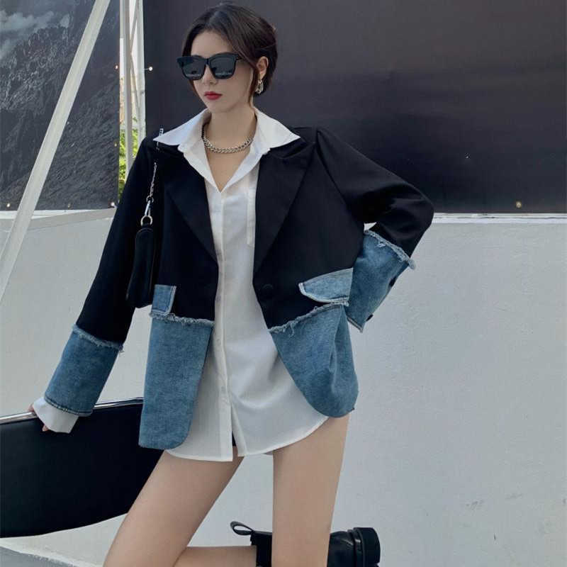 Nomikuma Spring Demin Patchwork Blazers Causal Korean Hit Color Suit Jacket Women Fashion Blazer Coat 6F775 210930