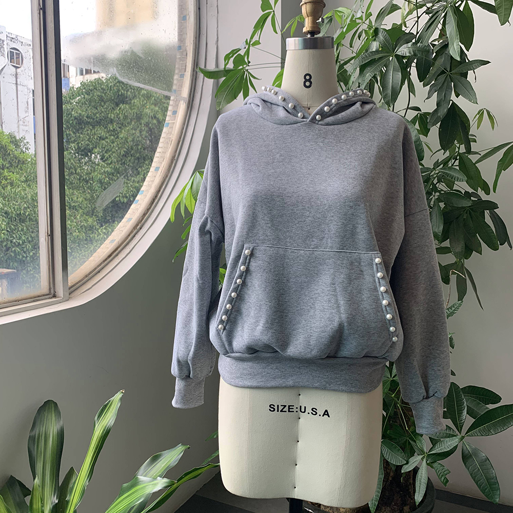 Women Solid Hoodie Autumn Spring Office Ladies Elegant Plain Beading Pullover Hooded Coat Korean Causal Tops Outwear Gray 201109