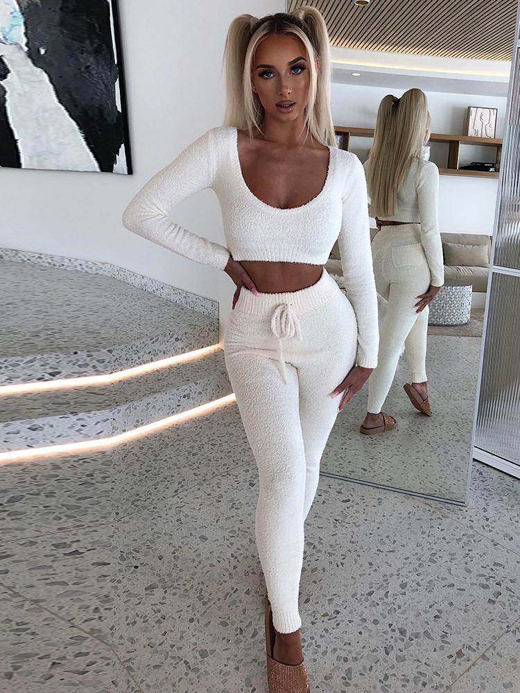 Casual Plush Fluffy Fleece Knitted Sweater 2 Piece Set Women Cozy Sexy O Neck Crop Top Fall Winter Clothes Women Tracksuit