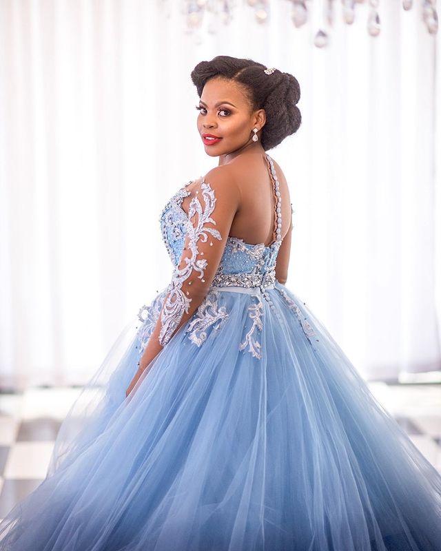 African Plus Size Princess Prom Formal Dresses with Long Sleeve Light Sky Blue Beaded Lace Aso Ebi Evening Pageant Dress Wear