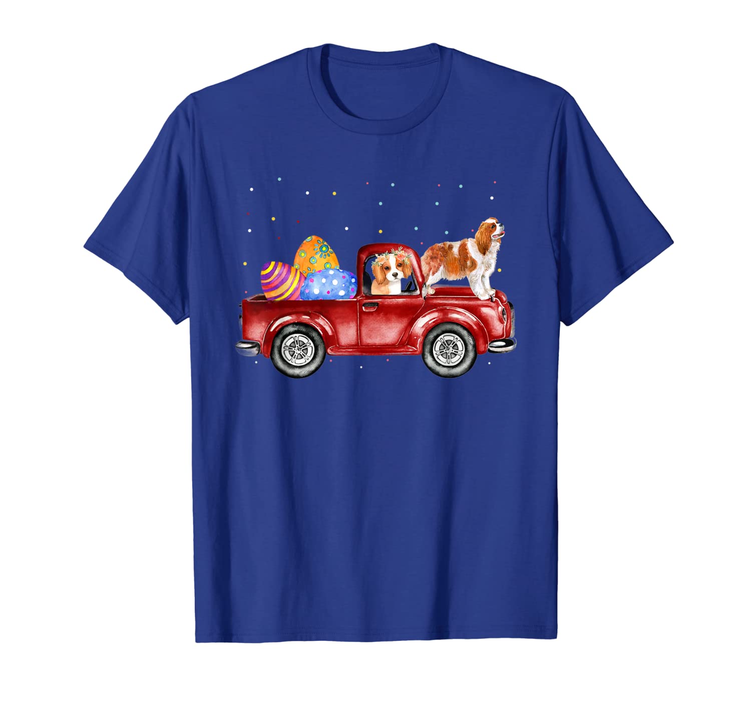 cavalier king charles spaniel riding truck easter tshirt, White;black