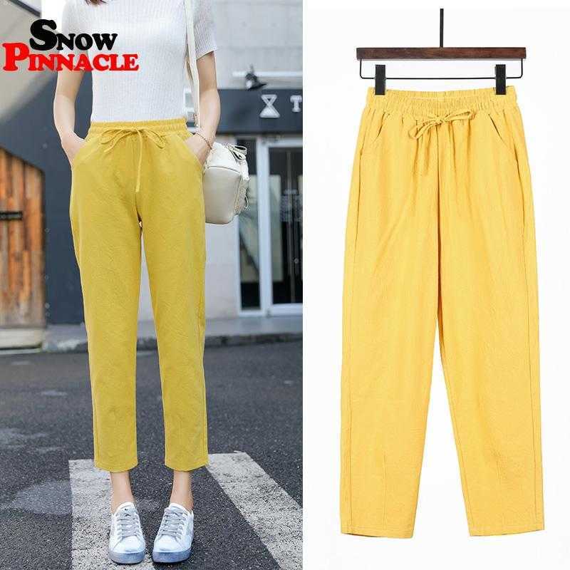 Womens Spring Summer Pants Cotton Linen Solid Elastic waist Candy Colors Harem Trousers Soft high quality for Female ladys S-XXL 210524