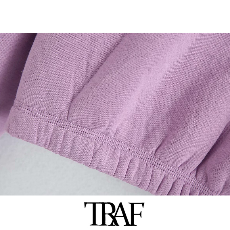 TRAF Women Fashion With Elastic Trims Cropped Hoodies Sweatshirts Vintage Long Sleeve Fleece Female Pullovers Chic Tops 201102
