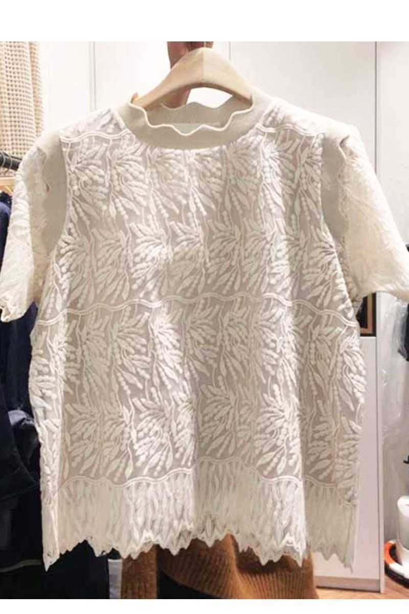 Spring Summer Fashion Lace Embroidered Petals Short-sleeved O Neck Solid Women Tops 210615Z