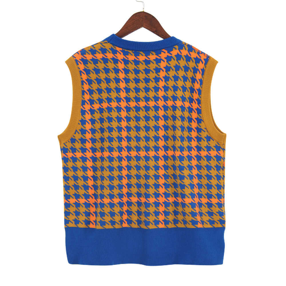Vintage Argyle Women Sweater Vest Splice Color Plaid Sleeveless Round Neck Autumn Winter Female Knitted Vest Blue 210702