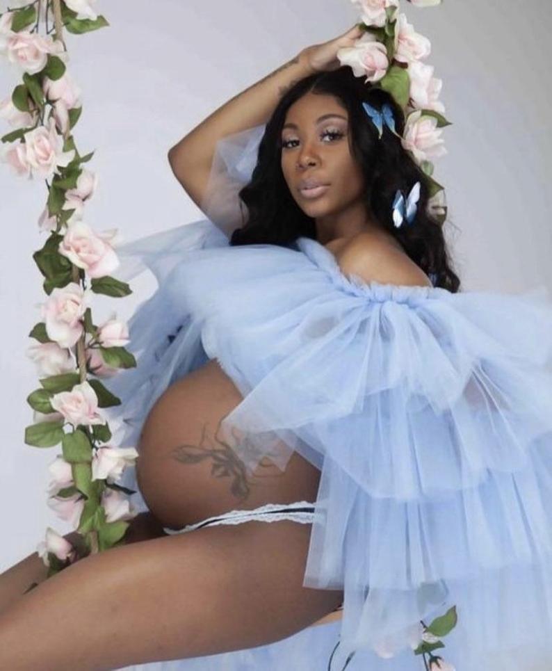 Light Sky Blue Maternity Sleepwear for Photoshoot Tulle Bathrobe Sexy Off Shoulder Full Sleeve Tiered Ruffles Prom Dress