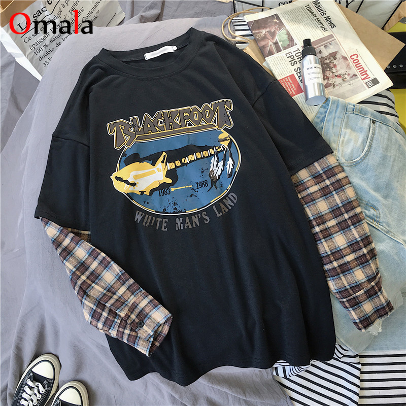 fashion Long Sleeve t-shirt Korean Simple oversized graphic tees Women shirts Leisure Plaid patchwork t shirt white black top 210310