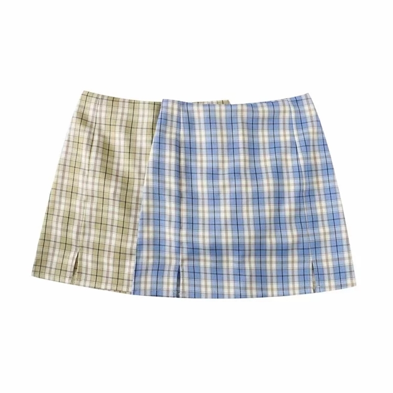 Women Split Details Plaid Mini Skirt with Under Shorts Mini Skort In Check T200113