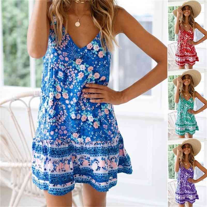 Women' summer V-neck loose print suspender skirt Beach Dress, Red