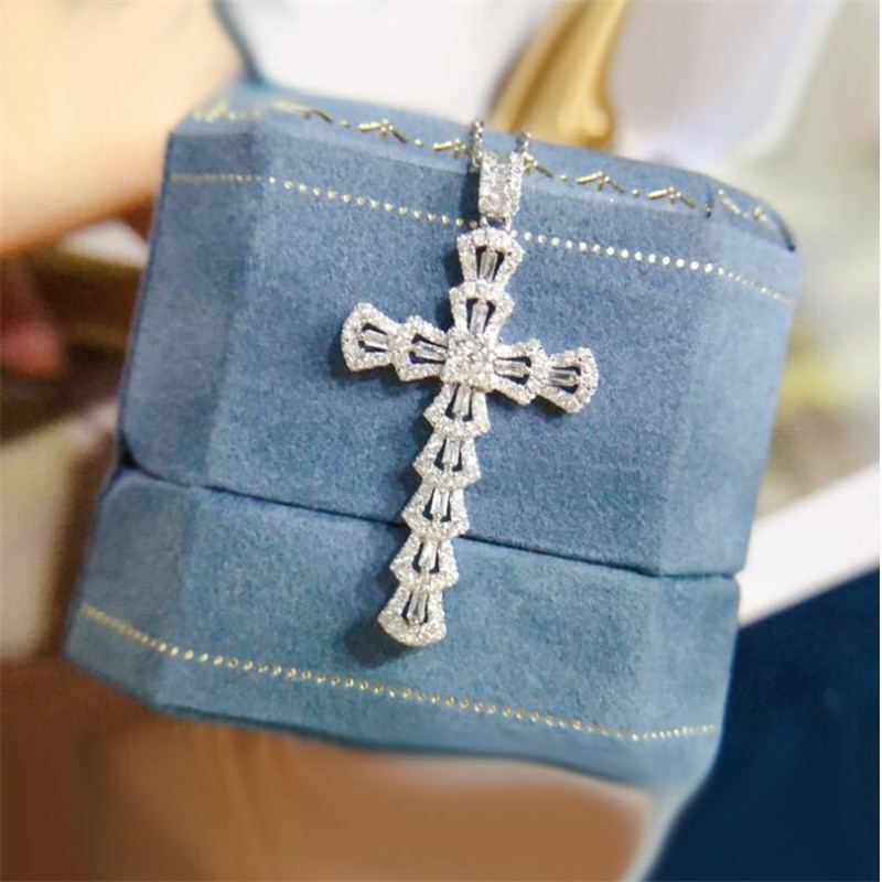 2021 Top Selling Jewelry Sterling Sier T Princess Cut White Topaz CZ Dia Cross Pendant Party Eternity Women Clavicle Necklace Gift