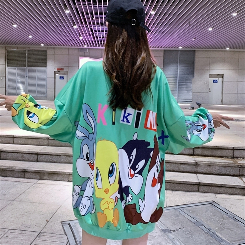 Girls Student Lovely Cartoon Printed Sweatshirts Harajuku Plus Size Loose Hoodies Women Plus Size Loose Long Style Pullovers 201211