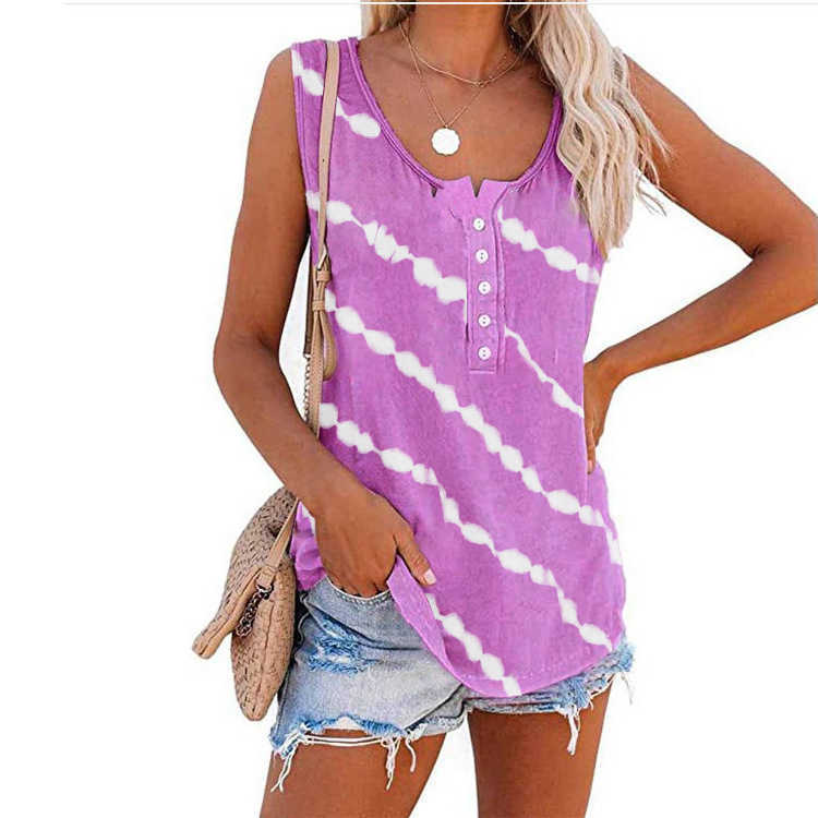 Casual Round Neck Single Breasted Striped Print Sleeveless Tank Top Summer Baggy s for Women Cotton Plus Size Tanks Black 210604