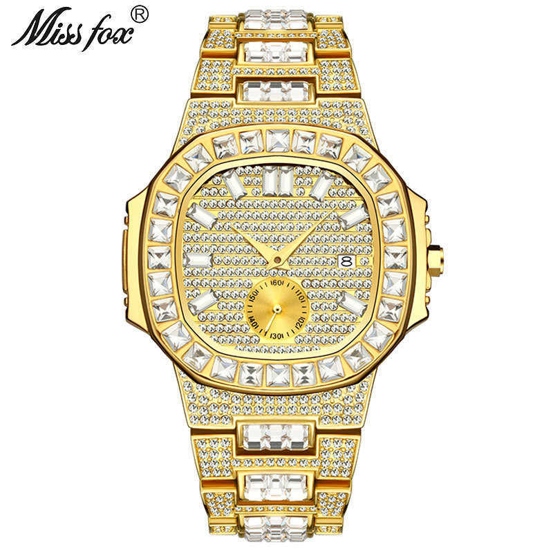 Missfox fashion punk hip hop full Diamond Men's watch gold waterproof calendar quartz watch tide, White
Missfox fashion punk hip hop full Diamond Men's watch gold waterproof calendar quartz watch tide, White