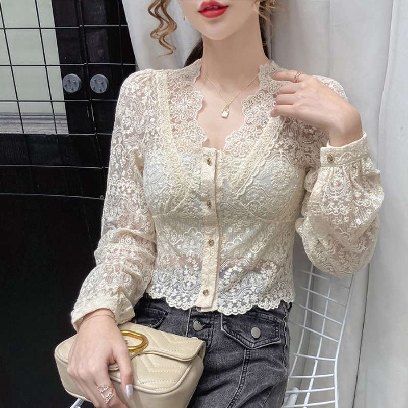 Autumn Sexy V-Neck Lace Patchwork Blouse For Women Hollow Out Long Sleeve Chiffon Shirt Female Beige Short Tops Blusas 210308
