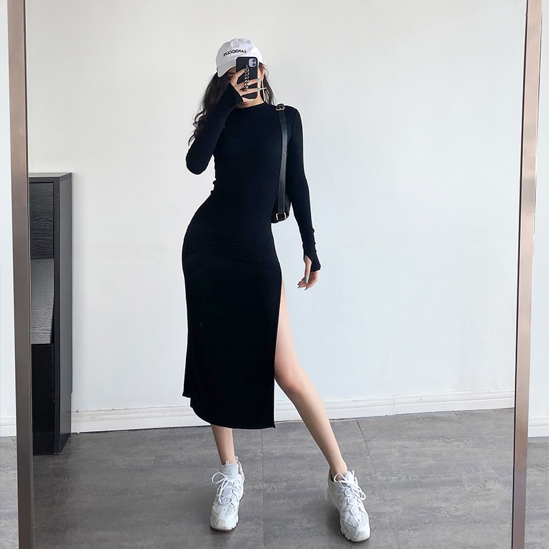 WOMENGAGA Elasticity Skinny Slim Sexy Split Dress Full Sleeve Hip-wrapped Mid-Calf Solid Color Sheath Long Dressees V7OR 210603