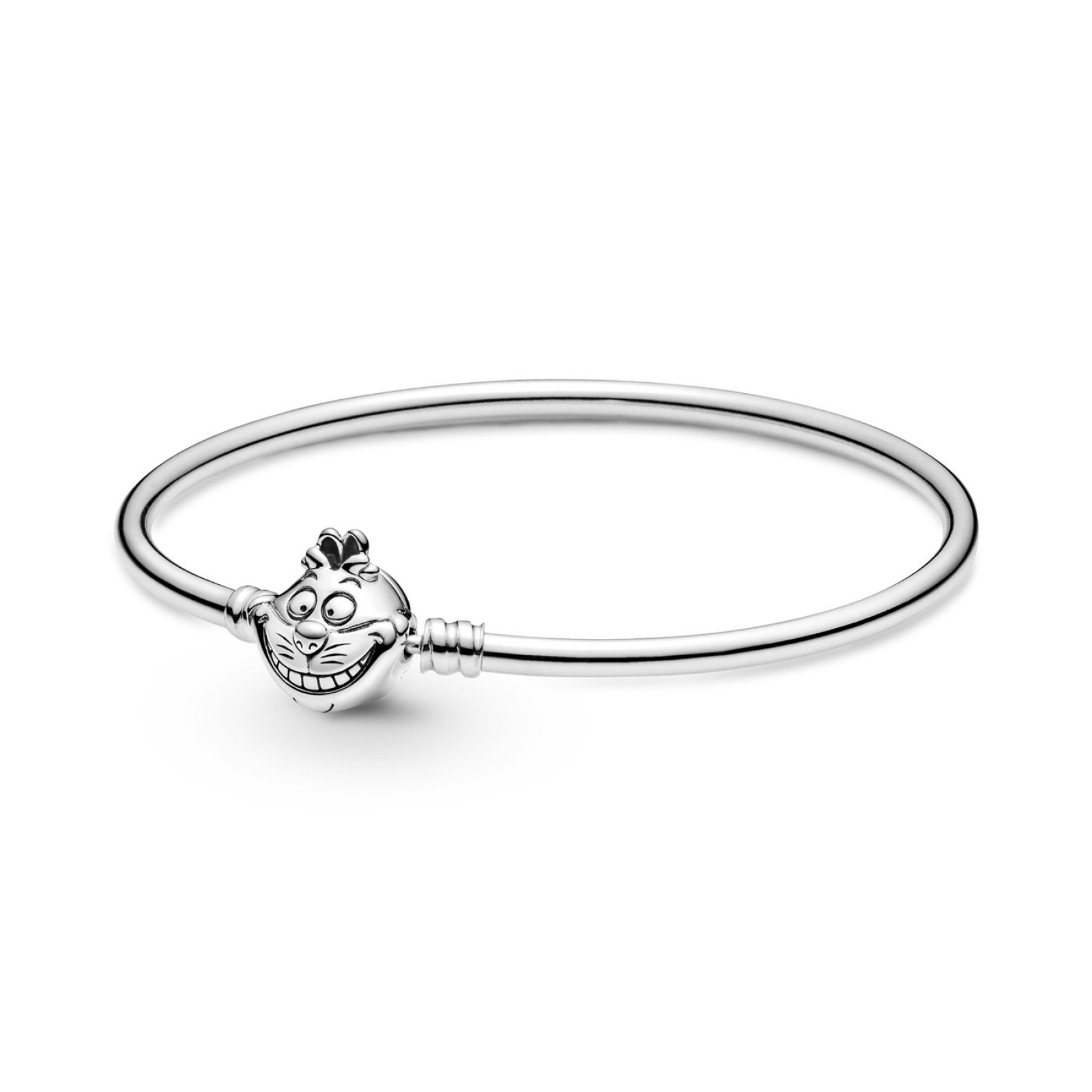 925 Sterling Silver Bangle Bracelet with Smiling Cat Clasp Fits European Jewelry Charm Bracelets