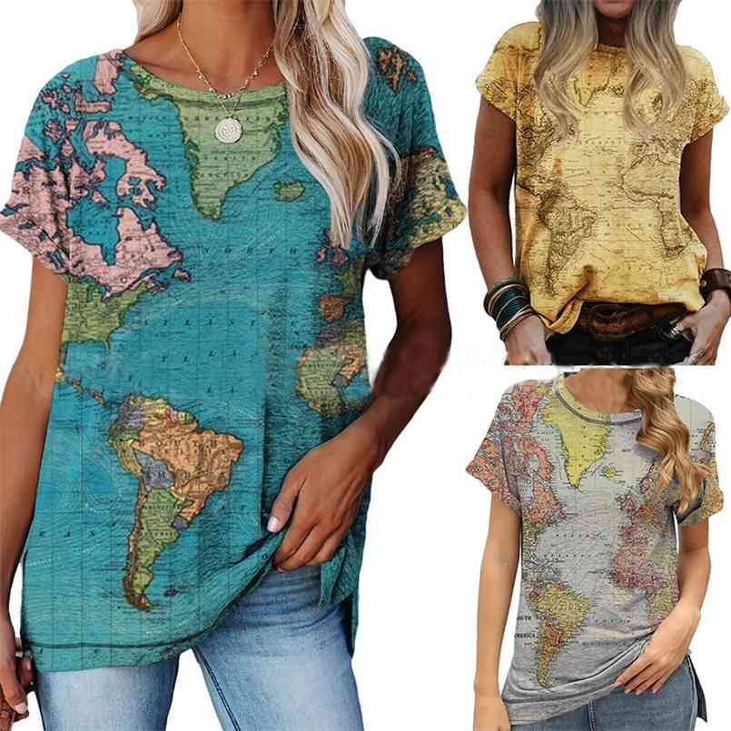 Summer Retro Geometric Pattern T-shirt Round Neck Casual Simple Women' Tops Map Printing Short-sleeved Pullover 210708, Blue
Summer Retro Geometric Pattern T-shirt Round Neck Casual Simple Women' Tops Map Printing Short-sleeved Pullover 210708, Blue
