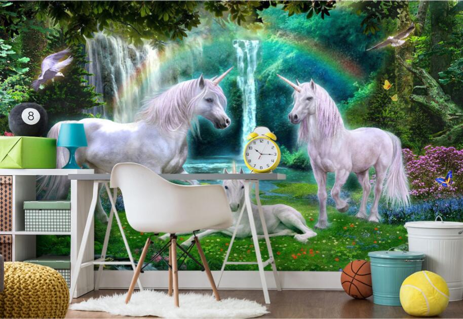 Photo Wallpaper Green forest rainbow meadow white horse child room background papel de parede 3d wallpaper papel