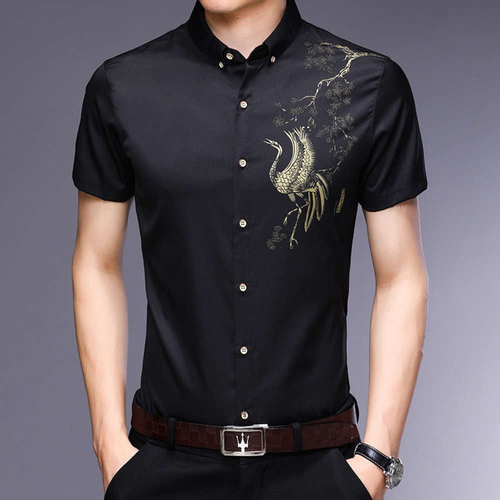 business casual middle aged gilded printing inch summer short sleeve men's Shirt, White;black
business casual middle aged gilded printing inch summer short sleeve men's Shirt, White;black