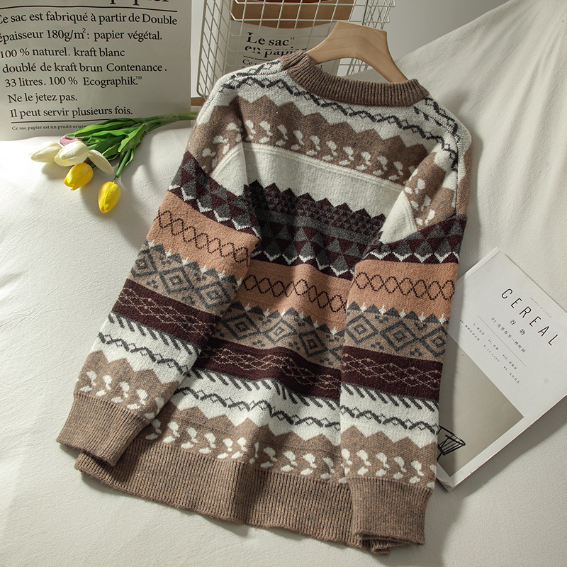 Ezgaga Argyle Sweater Women O-Neck Loose Graphic Tops Autumn New Long Sleeve Pullover Knitting Sweaters Vintage Streetwear 210218