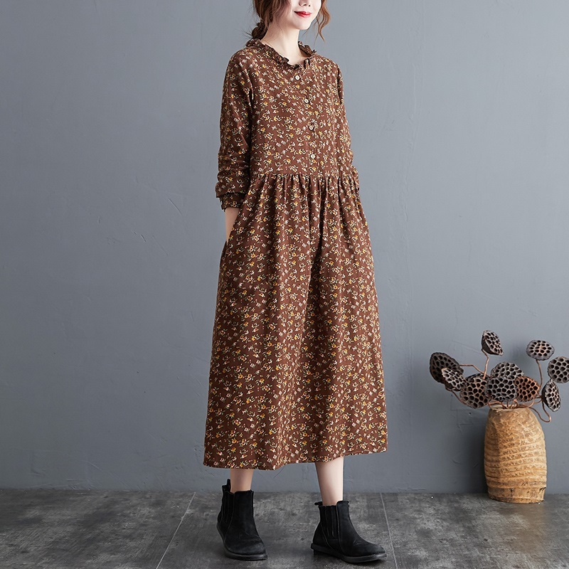 long sleeve plus size cotton linen ruffle vintage floral for women casual loose autumn dress elegant clothes ladies dresses 210309